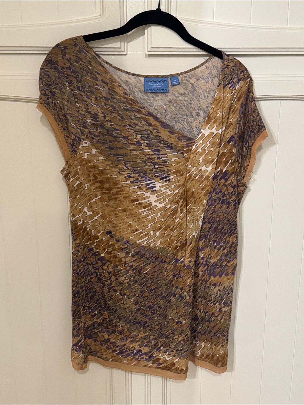 Simply Vera Vera Wang Brown and Purple Abstract Cap Sleeve Top
